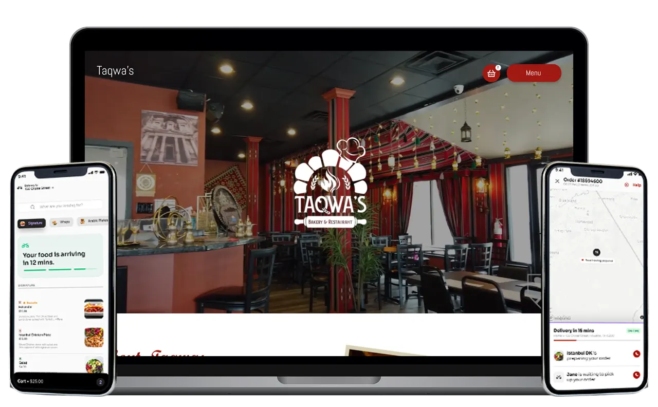 Desktop screen and smartphone for online food ordering app and restaurant platform, digital restaurant platform